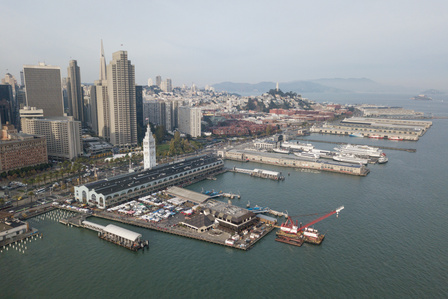 Aerial view of the Ferry Building and port of San Francisco.