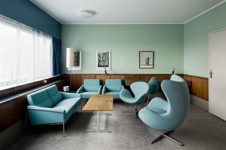 The Swan and Egg chairs in the preserved interior of  Room 606 of SAS Radisson Hotel in Copenhagen, designed by Arne Jacobsen.