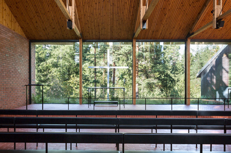 The cross is located outside of the Chapel of the Techincal College in Otaniemi designed by Heikki and Kaija Siren.