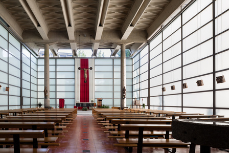 The interior of Baranzate Glass Church in Milan Italy designed by Angelo Mangiarotti.