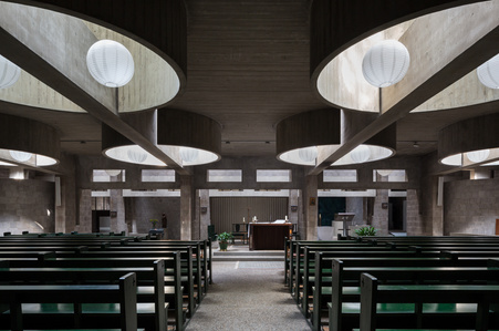 Interior prayer hall of the Roman Catholic Church designed by Aldo Van Eyck.