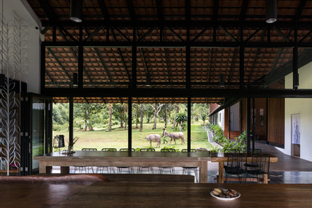 View out from the dining hall of Sukasantai Farmstay in Indonesia designed by Goy Architects with cows in the background.