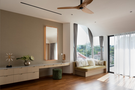 View of master bedroom of the House of Light and Shadow designed by Yume Architects.