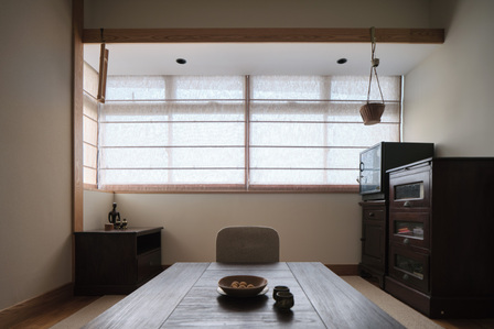 Interior of a Japanese-styled tea room of an apartment in Toa Payoh designed by Goy Architects.