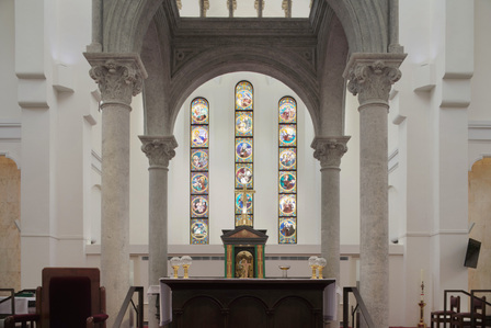 View from altar looking towards the restored stained glass of Church of St Theresa conserved by Studio Lapis.