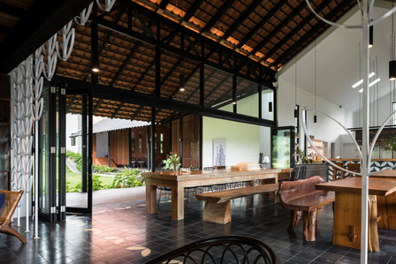 The dining hall of Sukasantai Farmstay in Indonesia designed by Goy Architects.