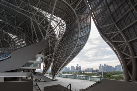 The petal-shaped structure of Hanzhou Olympic Stadium, deisgned by NBBJ, opens up to the city view beyond.