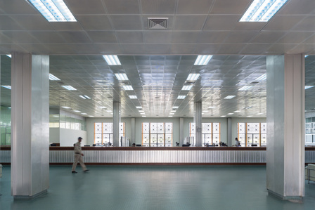 Interior view of the main hall of the National Bank Sihanoukville Branch designed by Vann Molyvann.
