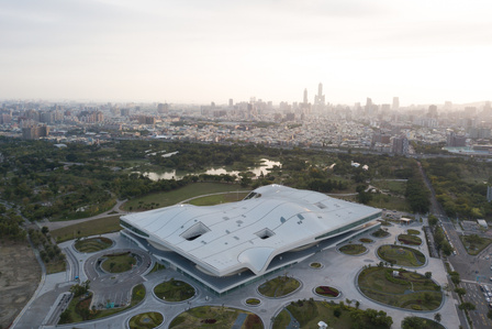 Aerial view of Kaohsiung city skyline and National Kaohsiung Center for the Arts in Taiwan, designed by Mecanoo architecten.