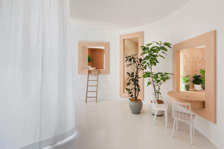 Pavilion designed by Jun Igarashi and Yasushi Fujimori in collaboration with TOTO and YKK AP for House Vision 2 Exhibition held in 2016 in Tokyo, Japan. IT is called "Between inside and outside / Between furniture and room".