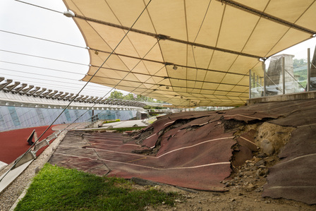 Fabric canopy shading and protecting the fault line of 921 Earthquake Museum Chelungpu Fault Gallery, designed by Jay Chiu Architects.