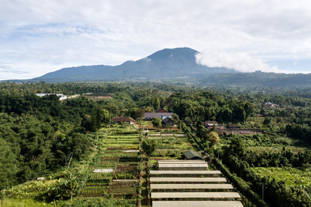 Aerial view of Sukasantai Farmstay in Indonesia designed by Goy Architects.