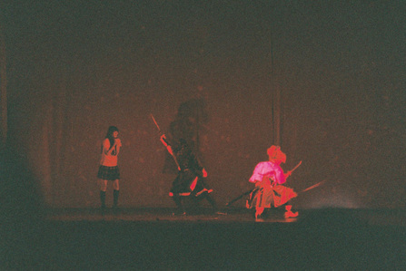 A scene from a samurai Kabuki show in Japan.