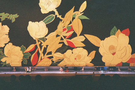 An embroidered stage curtain of a Kabuki theatre in Japan.