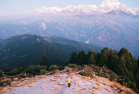 A person in a yellow jacket taking a photo of the Annapurna mountain range in Nepal.