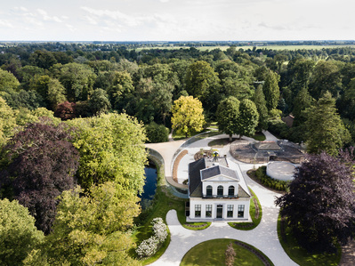 Aerial view of Vijversburg Visitor Center in Friesland, Netherlands, designed by Junya Ishigami + Associates and Studio MAKS.
