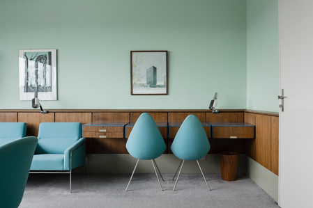 The Egg chairs in the preserved interior of Room 606 of SAS Radisson Hotel in Copenhagen, designed by Arne Jacobsen.