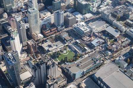 Aerial view of Yerba Beuna Gardens surrounded by Yerba Buena Center for the Arts, Contemporary Jewish Museum, and San Francisco Museum of Modern Art.