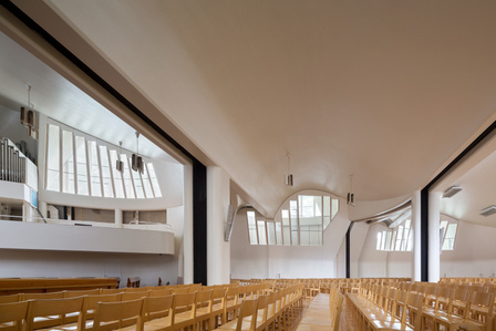 The interior sectional elevation view of Vuoksenniska Church in Imatra Finland, designed by Alvar Aalto.