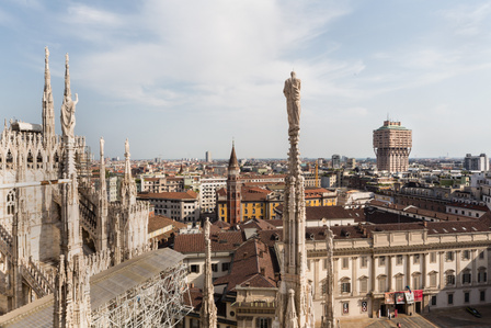 View of the Torre Velasca in Milan Italy, designed by BBPR, from the roof of Duomo Milan Cathedral.
