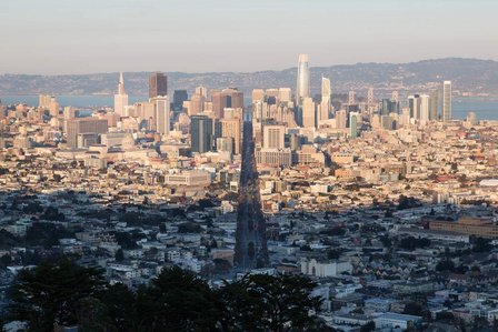 Straight View of Market Street and Ferry Building from the top of Twin Peaks in San Francisco.