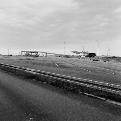 A black and white photo of a cruise ship terminal in Denmark. Hasselblad 500CM, Ilford FP4.