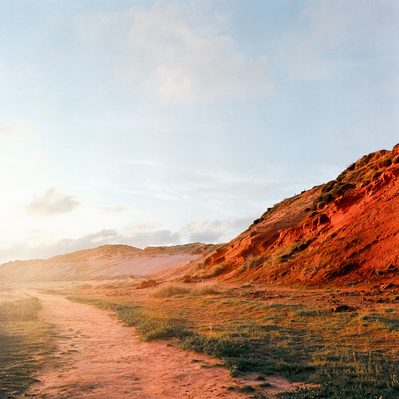 Cliff at dusk on the island of Sylt. Shot on analog medium format Hasselblad 500CM, Portra 400.