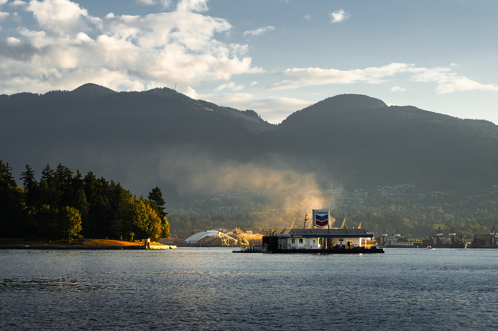 Chevron gas station for water planes in Vancouver, BC at sunrise.
