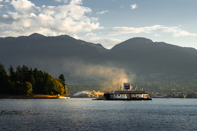 Chevron gas station for water planes in Vancouver, BC at sunrise.