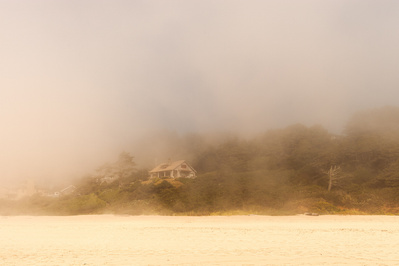 Cinematic shot of a foggy landscape with a small lake in the Pacific North West.