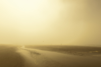 Warm foggy scene with distant people on the beach and diffuse light.