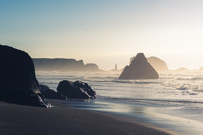 Rough sea and rock formations and sunset in the Pacific North West.