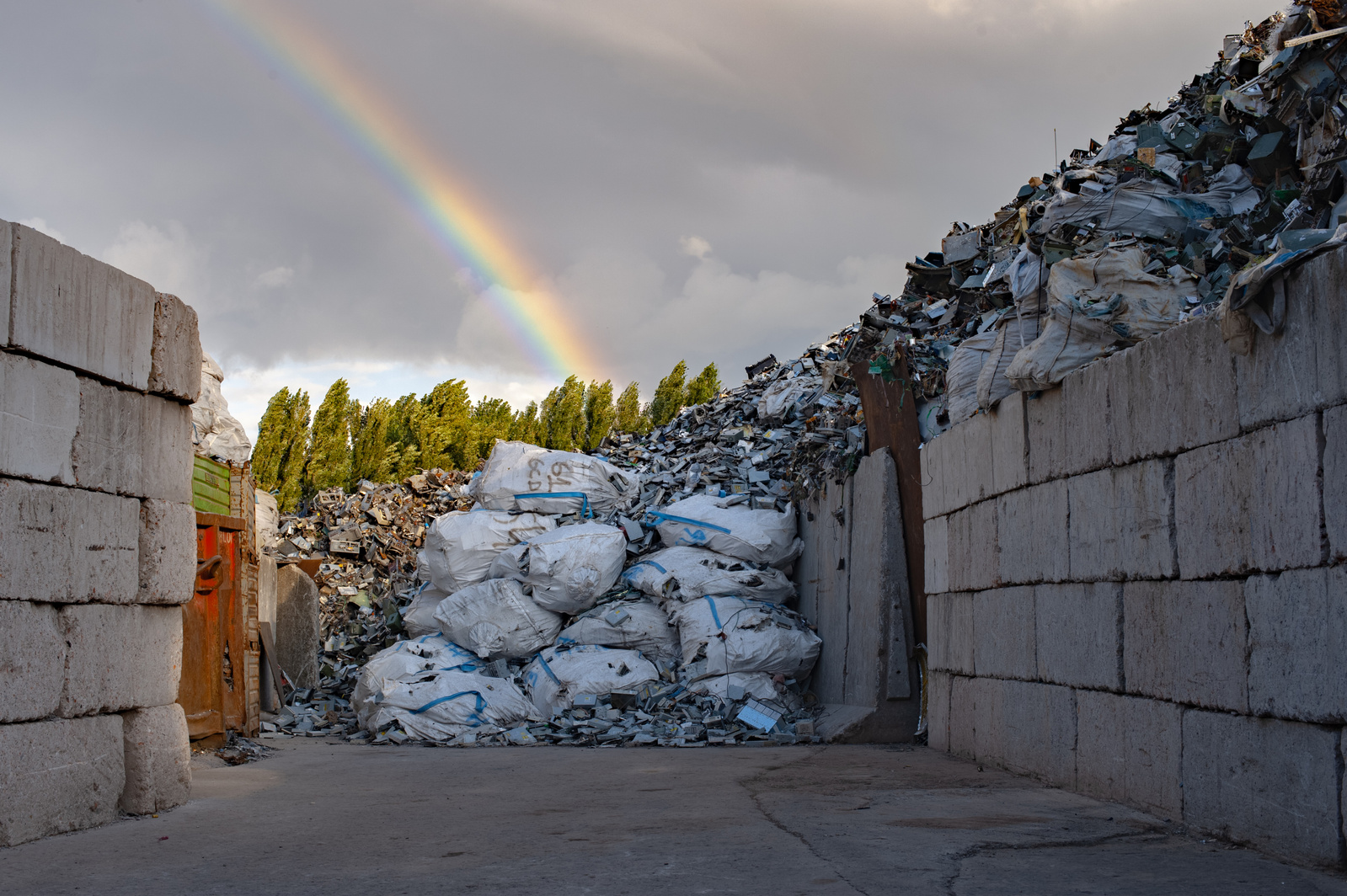 A pile of trash and a rainbow.
