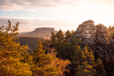 Rock formation in Eastern Germany at sunset.