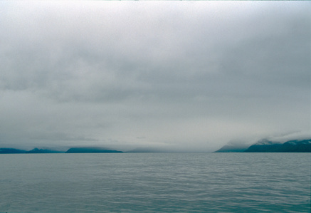 Mountainous fjords- seascape  with grey dramatic sky