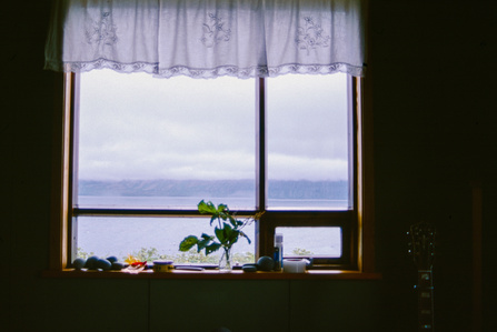 Window view from a remote hut by arctic sea