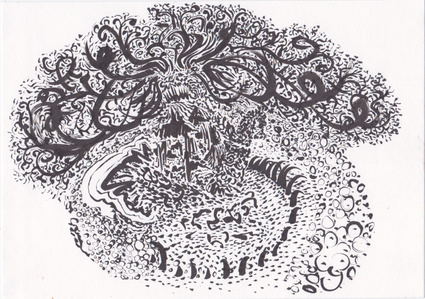 Energy circle and tree ink drawing