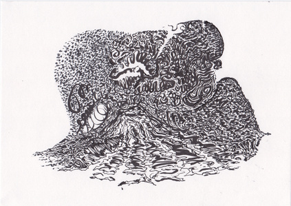 volcano and lava flow ink drawing