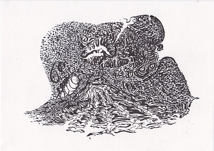 volcano and lava flow ink drawing