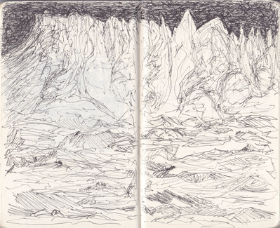 Landscape drawing with mountain peaks made during a flight towards Iceland

