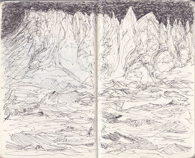Landscape drawing with mountain peaks made during a flight towards Iceland


