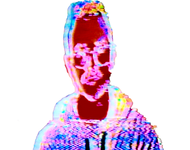 Colourful and distorted picture of a man with short hair and glasses
