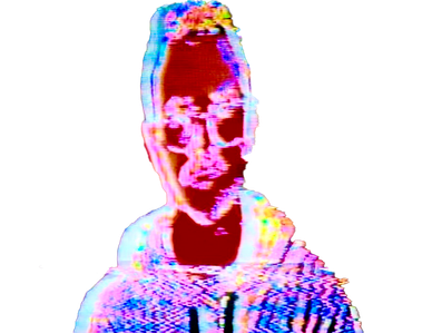 Colourful and distorted picture of a man with short hair and glasses
