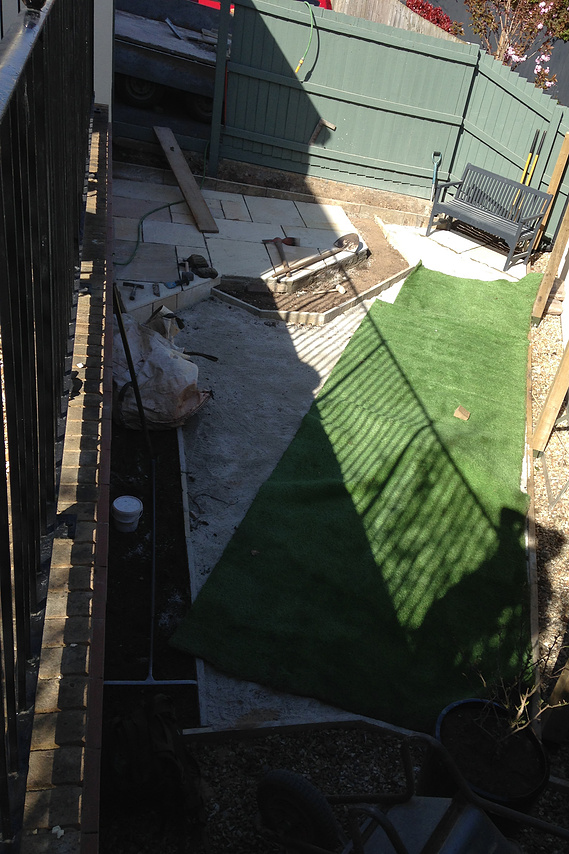 Elevated view of garden landscaping project in Devon by Seriously Good Landscapes. Bought as a retirement gift.