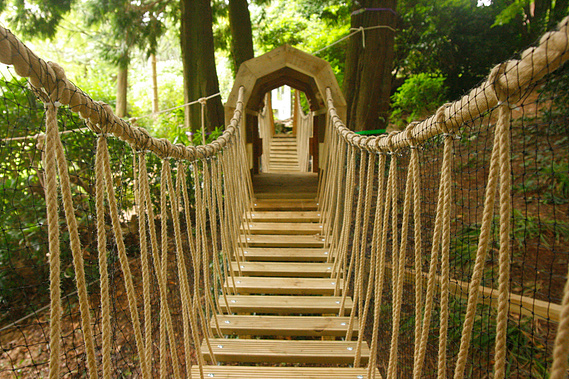 view across wobbly bridge as part of an assault course in Devon woodland