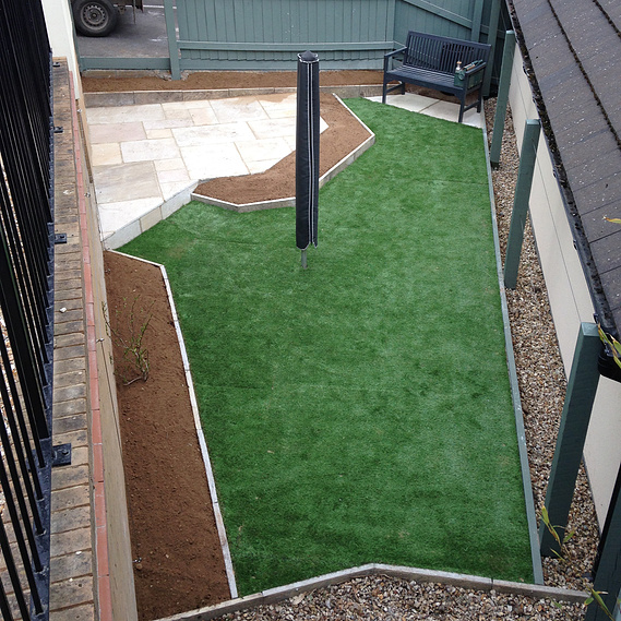 Elevated view of garden landscaping project in Devon by Seriously Good Landscapes. Bought as a retirement gift.