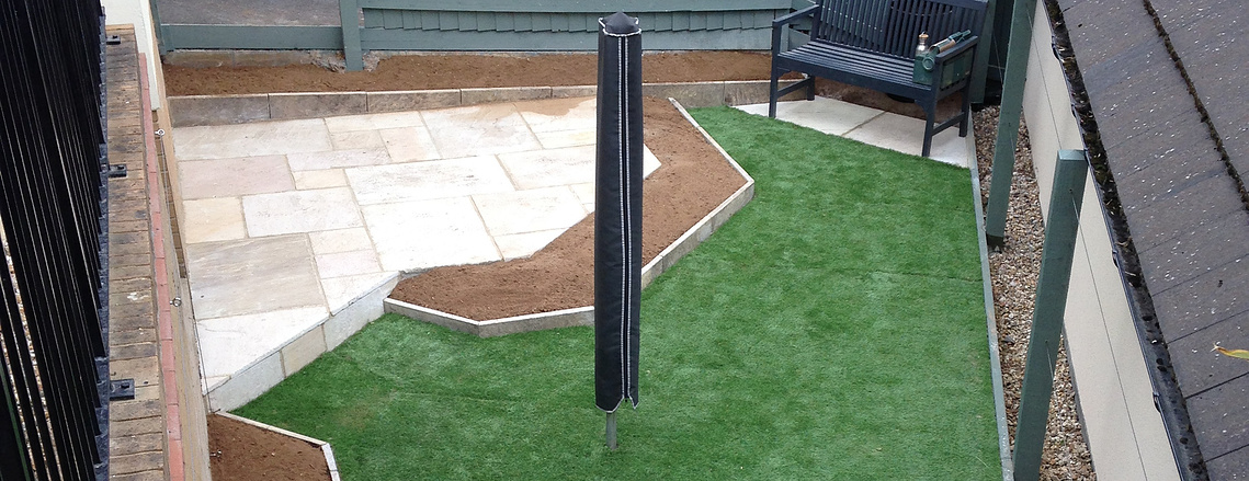 Elevated view of garden landscaping project in Devon by Seriously Good Landscapes. Bought as a retirement gift.