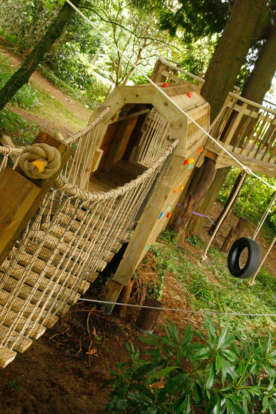 view across wobbly bridge as part of an assault course in Devon woodland