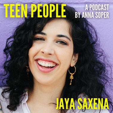 Podcast cover art featuring Jaya Saxena, who is posing in front of a purple wall and is smiling and looking at the camera.