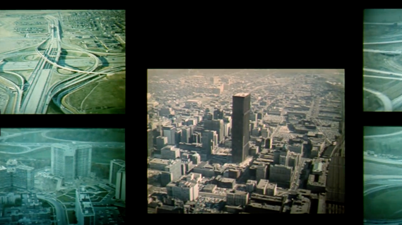Screen capture from the 1967 documentary film, A Place to Stand, featuring a collage of aerial images of Toronto and its highways.